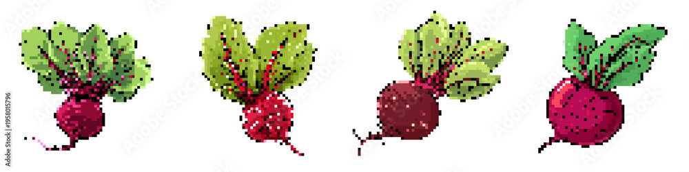 Fototapeta premium Beetroot pixel icon set. retro, pixelated 2d graphics for games and apps