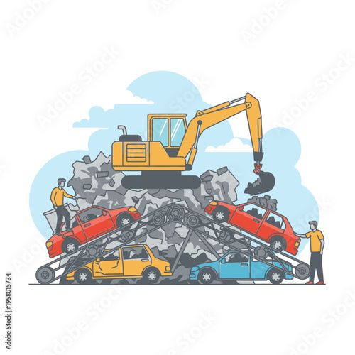 Excavator Crushing Cars at Junkyard with Workers.