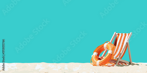 Beach chair and life preserver rest on a sandy shore