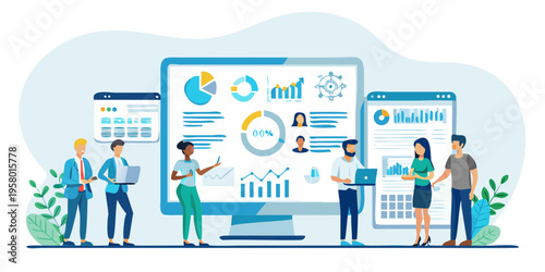 Business team analyzing data and presentations on large digital screens