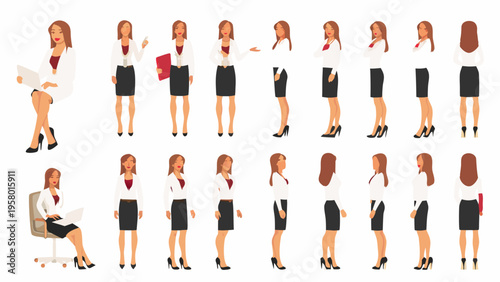 Professional businesswoman poses in various stances illustrating diverse work scenarios