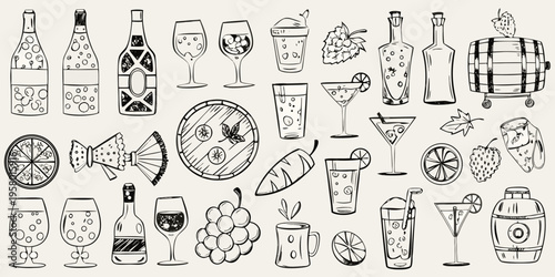 A hand drawn collection of wine cocktails and related celebratory items