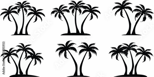 Black silhouette collection of six tropical palm trees against white
