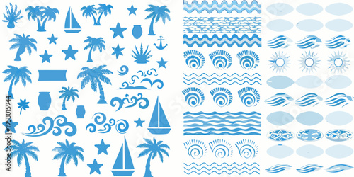 Blue tropical elements and nautical designs arranged in a repeating pattern