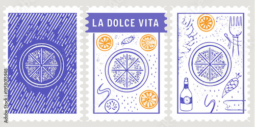 Stylized postage stamps depicting citrus fruit dining and la dolce vita