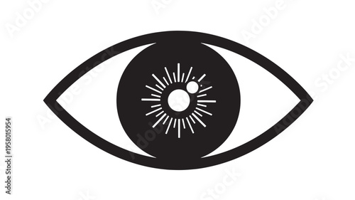 Eye icon with radiating lines in the pupil, symbolizing sight and vision featuring iris, look, glance with observe and view elements for seeing,