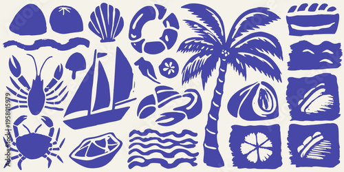 Blue and white summer themed illustration with ocean elements and plants