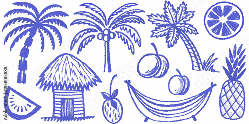 Blue and white illustration of tropical fruits plants and vacation items