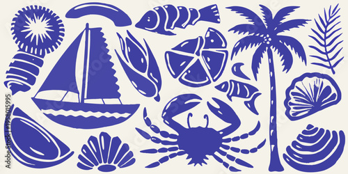 Blue and white nautical illustration featuring shells fish and a sailboat