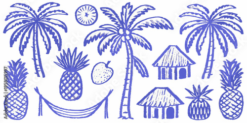 Blue and white tropical illustration featuring palm trees fruit and huts