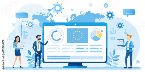 Team presenting data analysis and strategy on a large computer screen