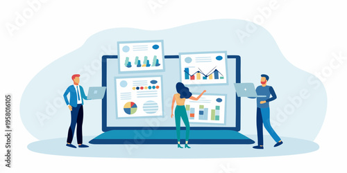 Team analyzing data visualizations on large screens and laptops