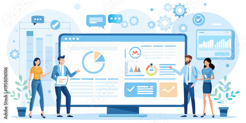 Team discussing data analytics and business solutions on a large screen