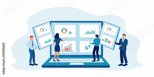 Business team analyzing data on large digital dashboards and screens