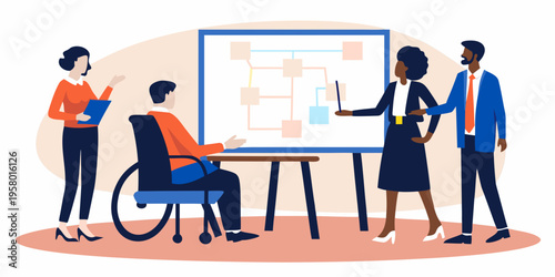 Diverse team collaborates around a whiteboard during an inclusive meeting