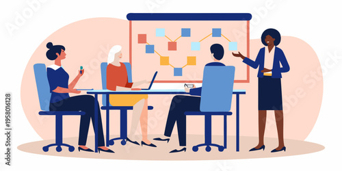 Business team collaborating in a meeting with a presenter and diagram