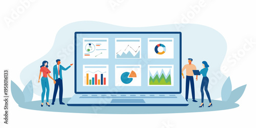 Team analyzing data visualizations on a large computer screen