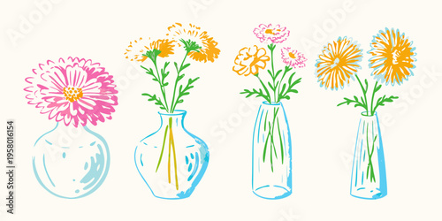 Colorful floral arrangements in vases a vibrant sketch illustration