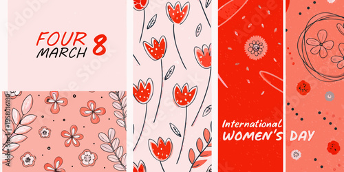 International women s day collage with floral patterns and date markings