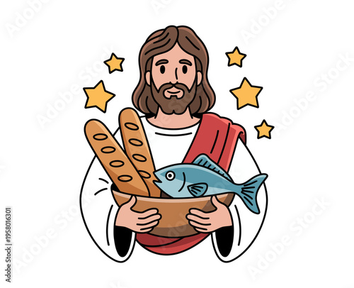A cartoon illustration of Jesus Christ holding a basket with bread and fish, surrounded by stars.
