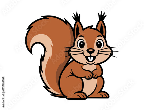A cute cartoon squirrel with a bushy tail and a cheerful expression sits on its hind legs, looking friendly and approachable.