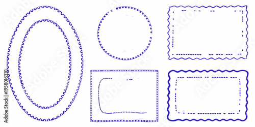 Hand drawn doodle frames and borders in blue ink on white background