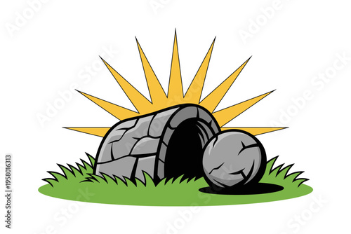 A colorful Easter tomb illustration with a stone rolled away, symbolizing Jesus' resurrection, set against a bright sun and green grass