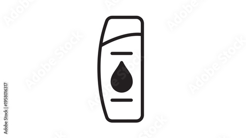 Bottle icon with a drop and horizontal line, representing liquids or hygiene products. featuring container, fluid, cleanliness with soap and shampoo