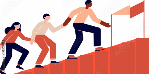 People assisting each other while climbing a staircase upwards