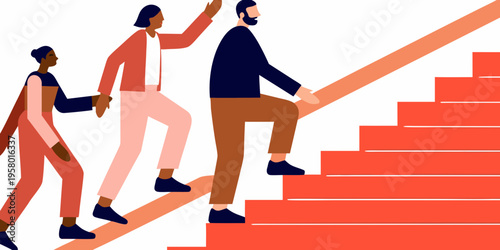 Diverse group ascending red stairs symbolizing progress and teamwork