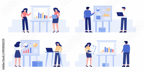 Business professionals collaborating and presenting data in modern office settings