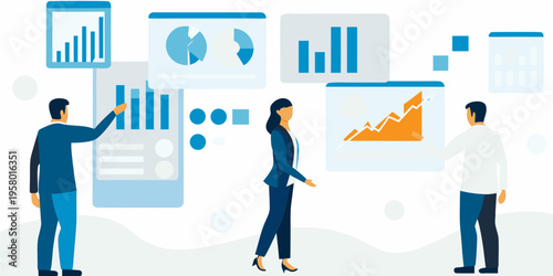 Team analyzing data visualizations on mobile devices and large screens