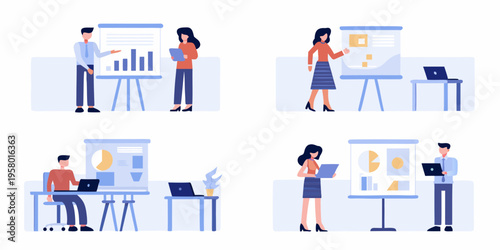 Business professionals collaborating during presentations and meetings in modern offices