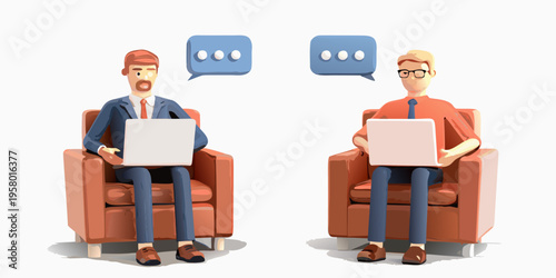Two businessmen sit in chairs discussing work on their laptops