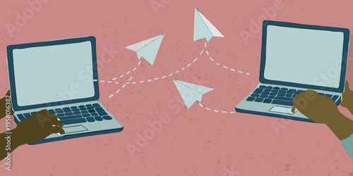 Two laptops communicating with paper airplanes on a pink background