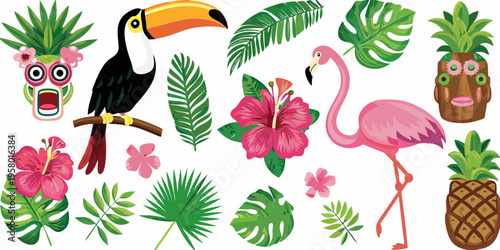 Tropical birds flowers and foliage in a colorful illustration