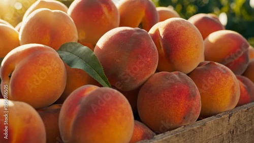 Abundant Sun-Ripened Peaches Piled High in a Rustic Crate Showcasing Their Fuzzy Skins and Vibrant Colors Under Golden Sunlight