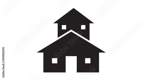 House icon with multiple roofs and windows, simple black silhouette for architectural and real estate concepts.