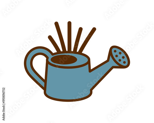 A minimalist vector illustration of a blue watering can with sun rays emanating from it, symbolizing growth and nurturing.