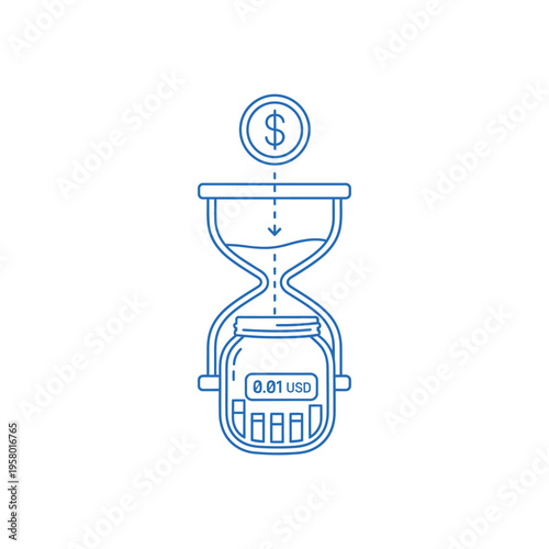 Hourglass with dollar coin and jar collecting money.