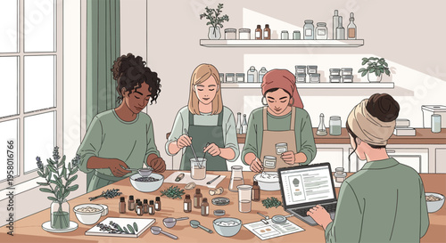 Diverse group of women learning natural skincare making workshop.