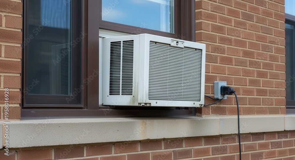Fototapeta premium Window Air Conditioner Unit Installed in Brick Building.
