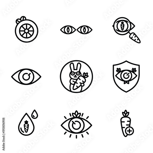 Eye Care Health Vision Carrot Rabbit Icons Set.
