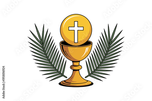 A golden chalice with a cross on a globe surrounded by palm leaves in a minimalist vector illustration