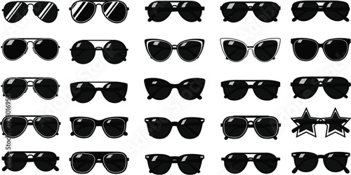 Black Sunglasses Collection with Different Styles and Shapes for Fashion, Accessories, and Summer Lifestyle Designs