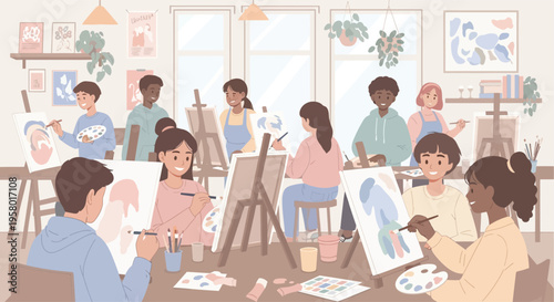 Diverse group of young artists engaged in painting class.