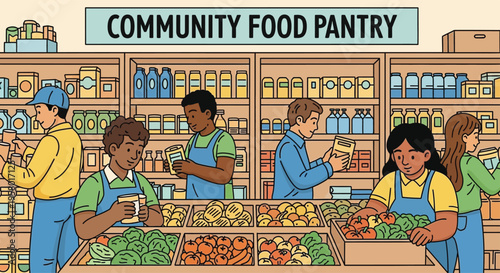 Diverse Volunteers Working Together at Community Food Pantry.