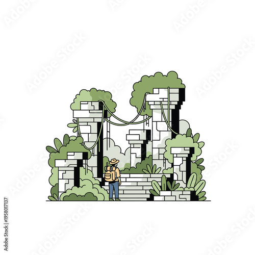 Explorer discovers ancient overgrown stone ruins in jungle.