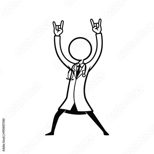 Doctor celebrating with rock on hand gesture.
