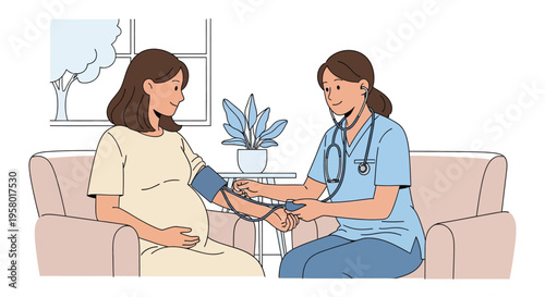 Doctor checks pregnant womans blood pressure at home.